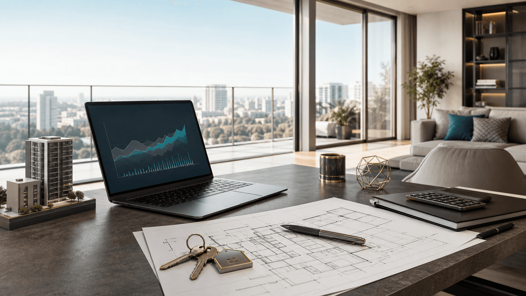 Mesa com planejamento financeiro, chaves e projeto imobiliário